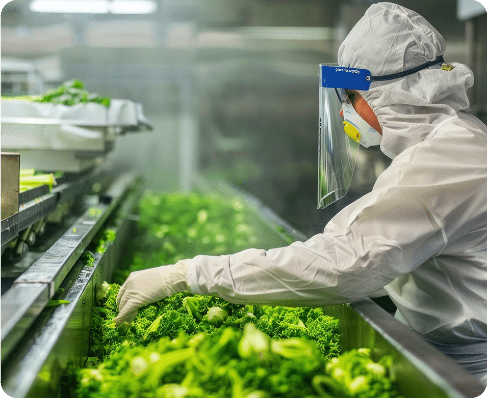 food processing workers cleaning lettuce