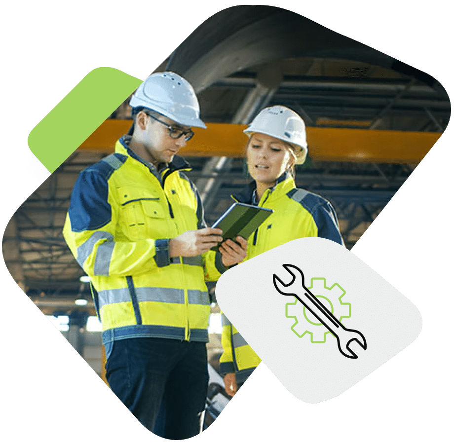 Industrial workers looking at a tablet together
