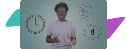 A young woman stands in front of a blue background and discusses leadership and career readiness.