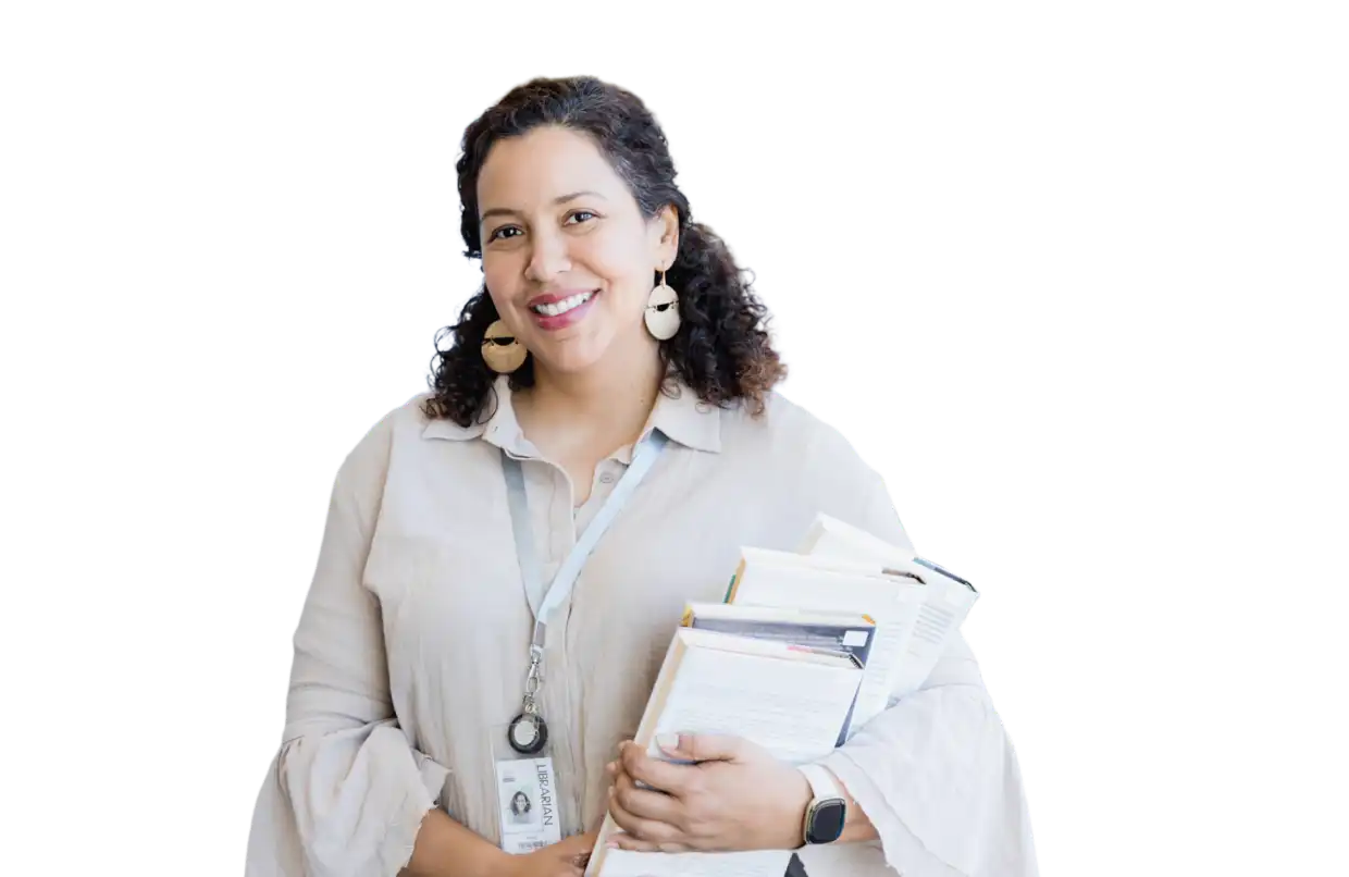 Woman wearing ID holding books