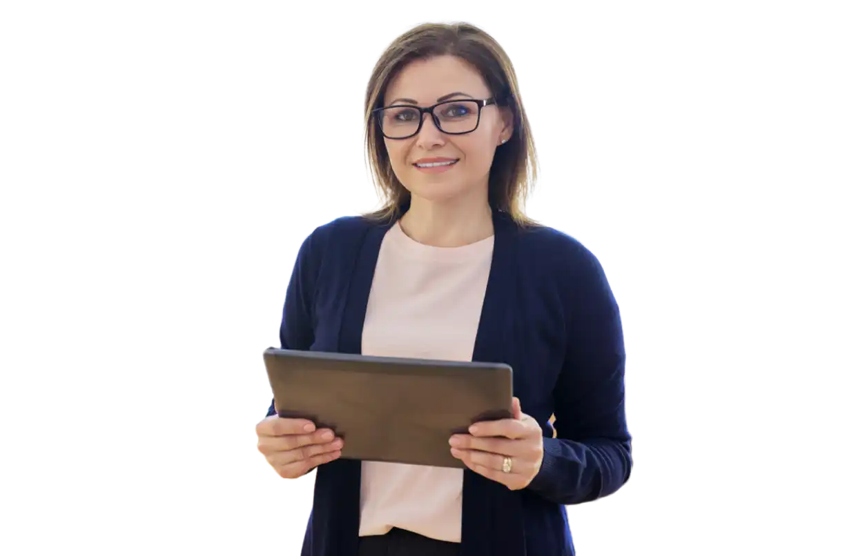 Woman wearing glasses holding a brown file