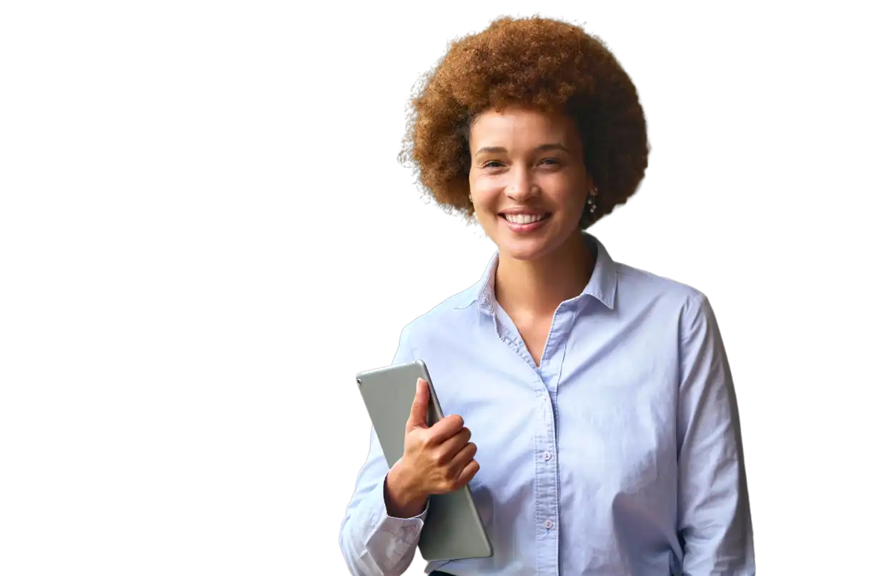 Woman smiling holding a tablet