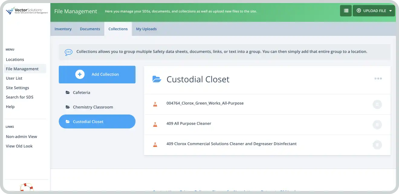 Collections dashboard on Vector platform