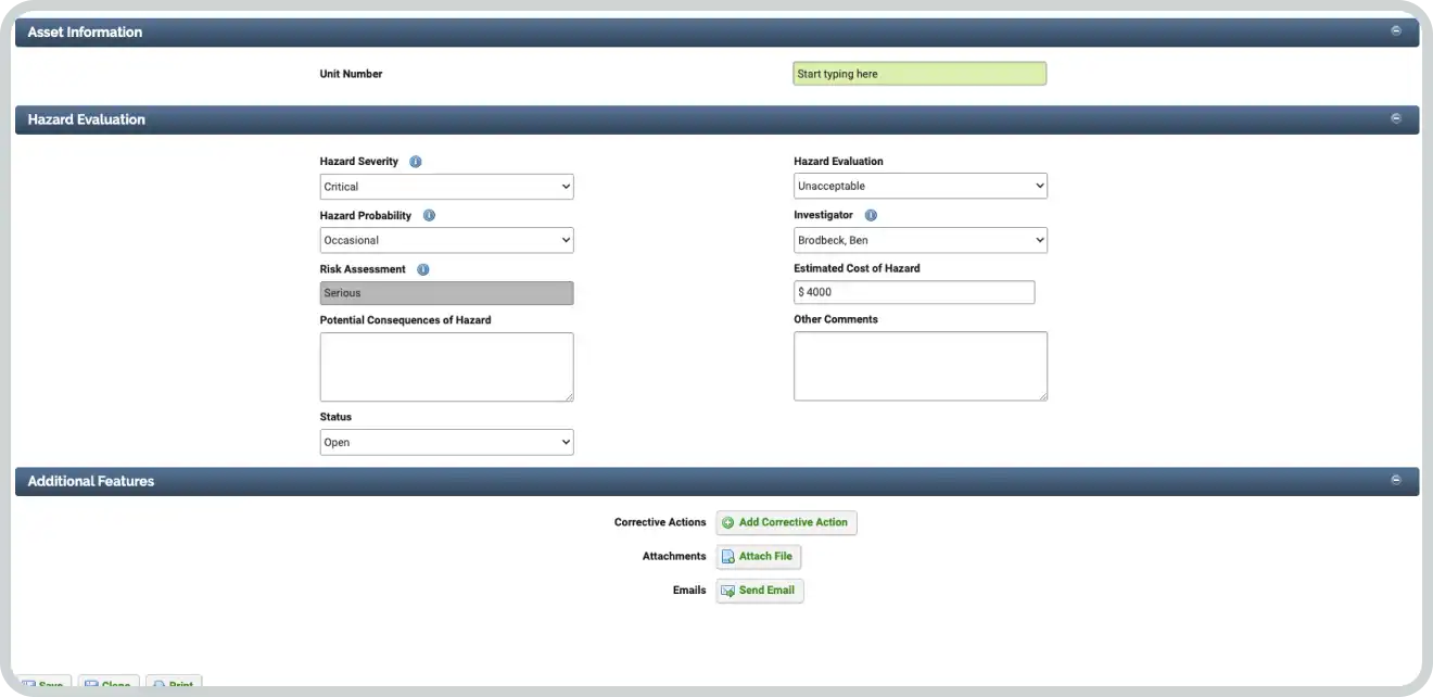 Asset information screen on Vector platform