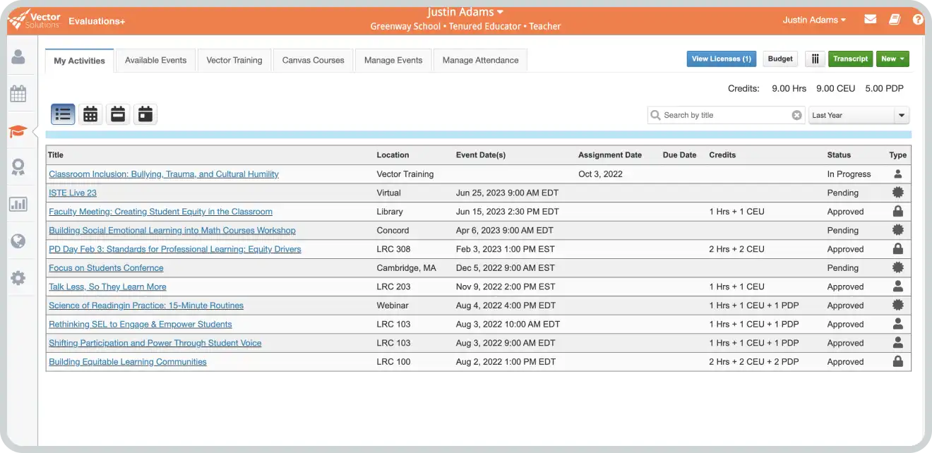 "My Activities" functionality overview on Vector dashboard