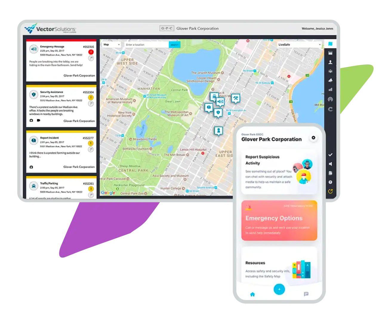 Infographic showing a laptop screen and phone screen of a map