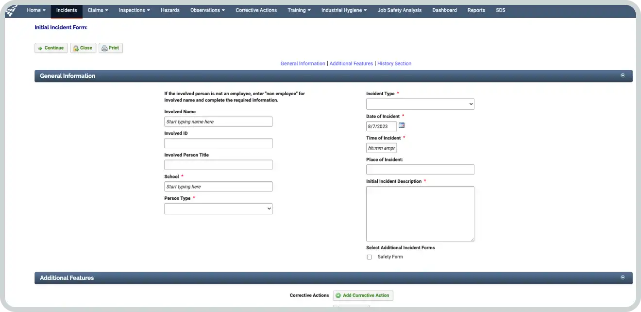 Incident Reporting and Management functionality on Vector platform